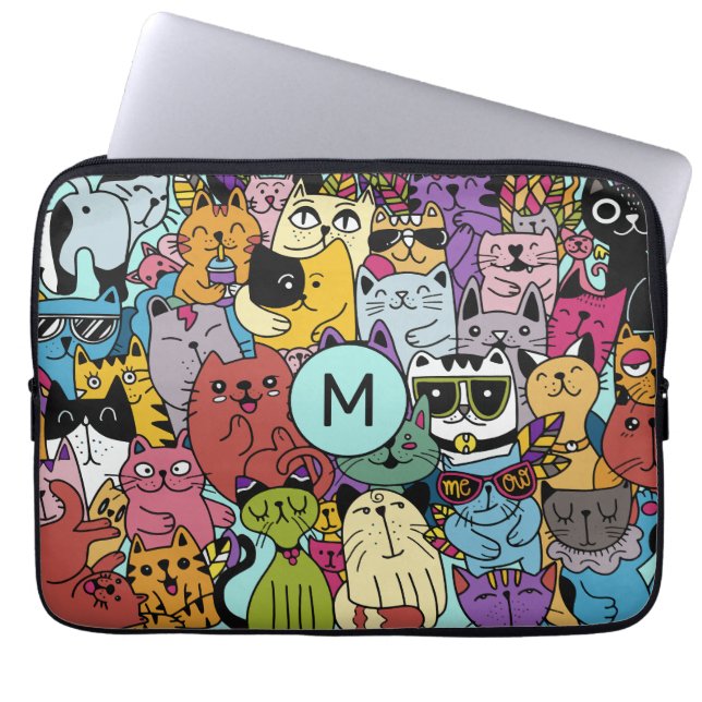 Funda Para Portátil Personalizado Monograma Gracioso Gatos Ilustracion (Frente)