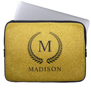 Funda Para Portátil Personalizado Monograma Negro y Dorado Brillante
