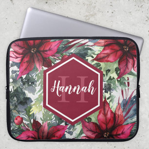 Funda Para Portátil Personalizado Monograma Nombre Poinsettia roja