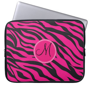 Funda Para Portátil Personalizado Monogramado inicial Cebra negra rosa