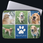 Funda Para Portátil Personalizado Perro Collage de fotos Mascota azul<br><div class="desc">Esta hermosa manga de ordenador portátil de collage de fotos de perro personalizado está personalizada con adorables imágenes de tu dulce cachorro. Personalizar este regalo de moda con tus 5 fotografías favoritas de mascotas alrededor de un lindo cuadrado azul con una huella de bonito blanca y el nombre de tu...</div>