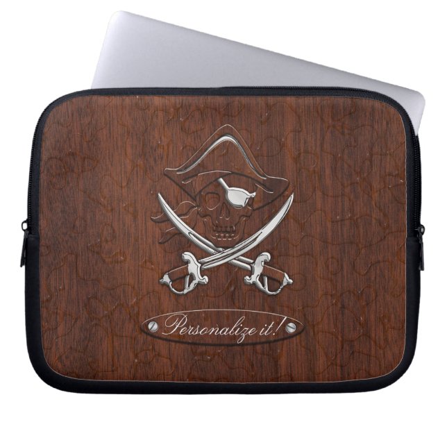 Funda Para Portátil ¡Personalízalo! Calavera pirata de caoba náutica o (Frente)