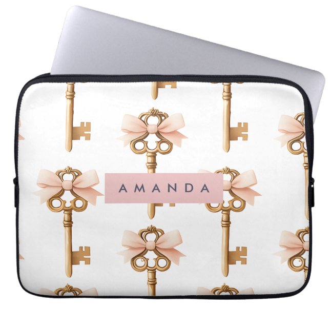Funda Para Portátil Personalized Coquette Pattern Gold Key & Pink Bow  (Frente)