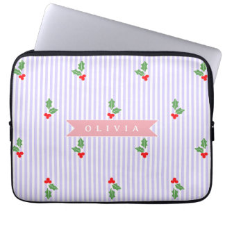 Funda Para Portátil Personalized Cute Striped Holiday Christmas Holly 