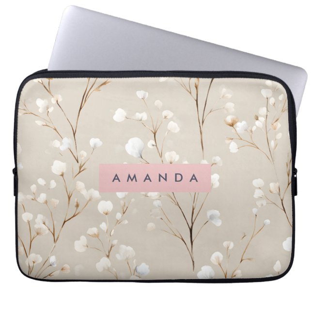 Funda Para Portátil Personalized Elegant Neutral Cotton Blossom (Frente)
