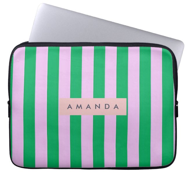 Funda Para Portátil Personalized Fresh Green and Pink Striped Retro (Frente)