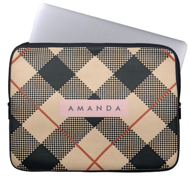 Funda Para Portátil Personalized Modern Tan & Black Checkered (Frente)