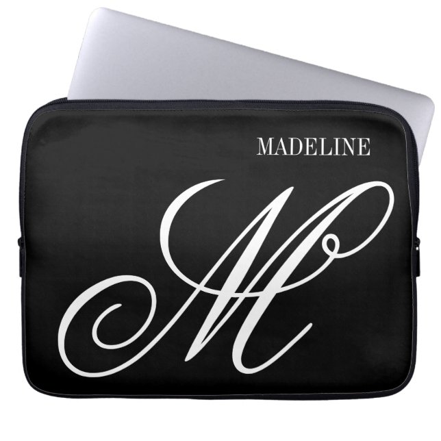 Funda Para Portátil Personalized monogram elegant black and white (Frente)