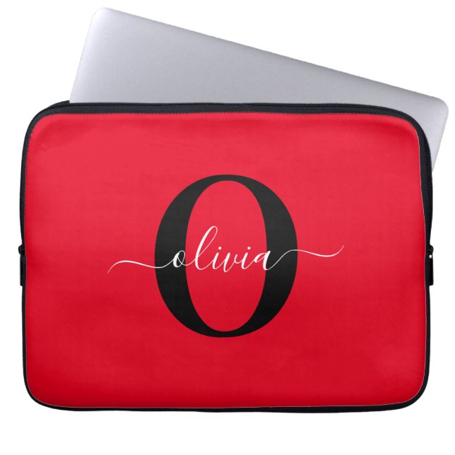 Funda Para Portátil Personalized Monogram Script Name Red Black White (Frente)