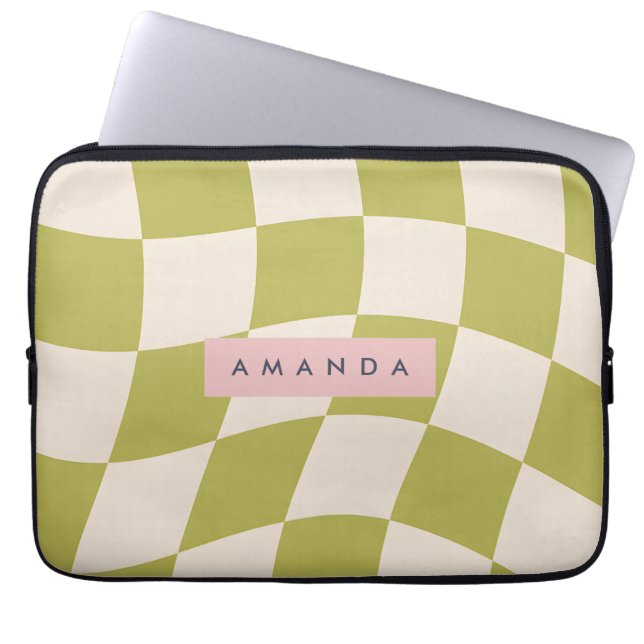 Funda Para Portátil Personalized Olive Green Retro Checkered Wave (Frente)