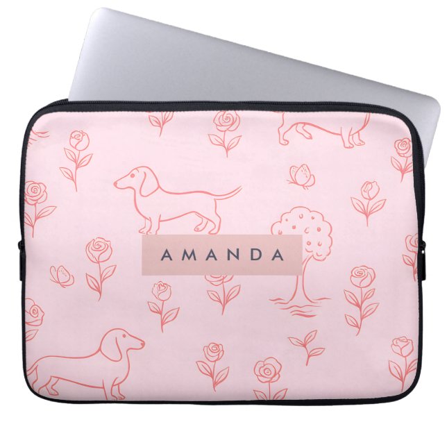 Funda Para Portátil Personalized Pink Dachshund and Flower (Frente)