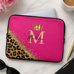 Funda Para Portátil Personalized Pink Leopard Gold Glitter Monogram