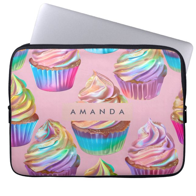 Funda Para Portátil Personalized Rainbow Pastel Cupcake with Glitter (Frente)