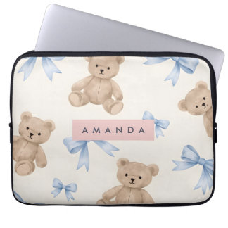 Funda Para Portátil Personalized Teddy Bear & Blue Bow Pattern