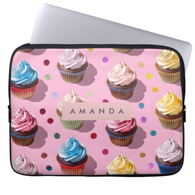 Funda Para Portátil Personalized Whimsical Rainbow Cupcake Confetti (Frente)
