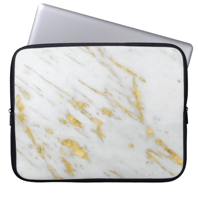 Funda Para Portátil Piedra De Mármol Blanco Y Purpurina De Oro Visto (Frente)