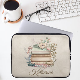 Funda Para Portátil Pila de libros floral boho elegante nombre