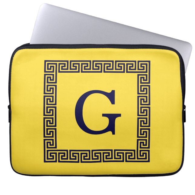 Funda Para Portátil Piña, llave griega azul de la marina #1 monograma  (Frente)