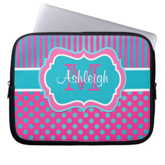 Funda Para Portátil Pink Blue White Polka Dots Stried Laptop Sleeve