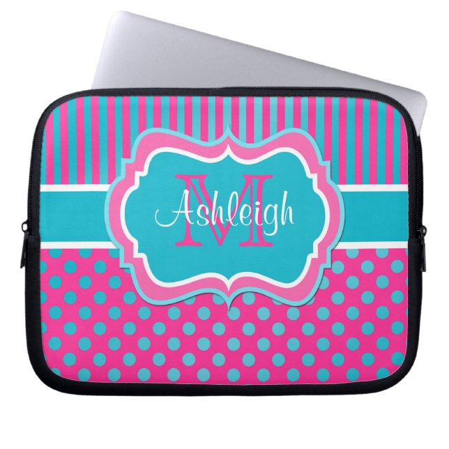 Funda Para Portátil Pink Blue White Polka Dots Stried Laptop Sleeve (Frente)