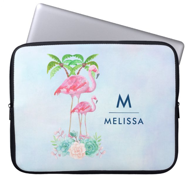 Funda Para Portátil Pink Flamingo Momma & Baby with Palm Trete (Frente)