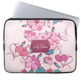 Funda Para Portátil Pink Floral Pattern Name Label Design Custom Name