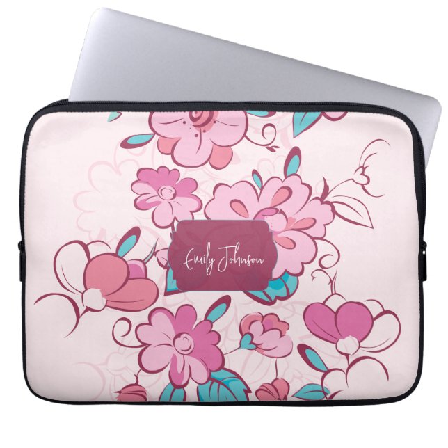 Funda Para Portátil Pink Floral Pattern Name Label Design Custom Name (Frente)