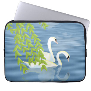 Funda Para Portátil Pintando la pareja azul y verde de cisnes en el la