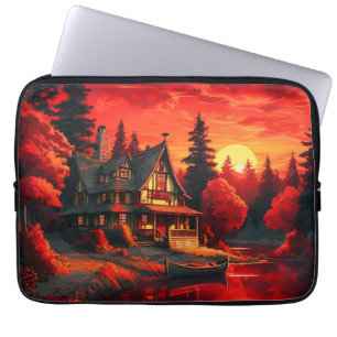 Funda Para Portátil Pintura de atardecer con cabaña y lago-66633