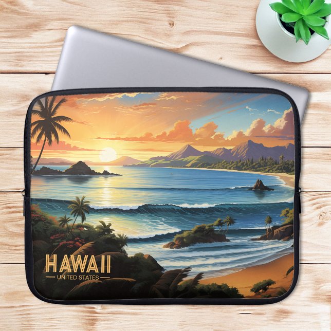 Funda Para Portátil Pintura de época del paraíso tropical de Hawaii Be (Hawaii Beach Tropical Paradise Vintage Painting Laptop Sleeve)