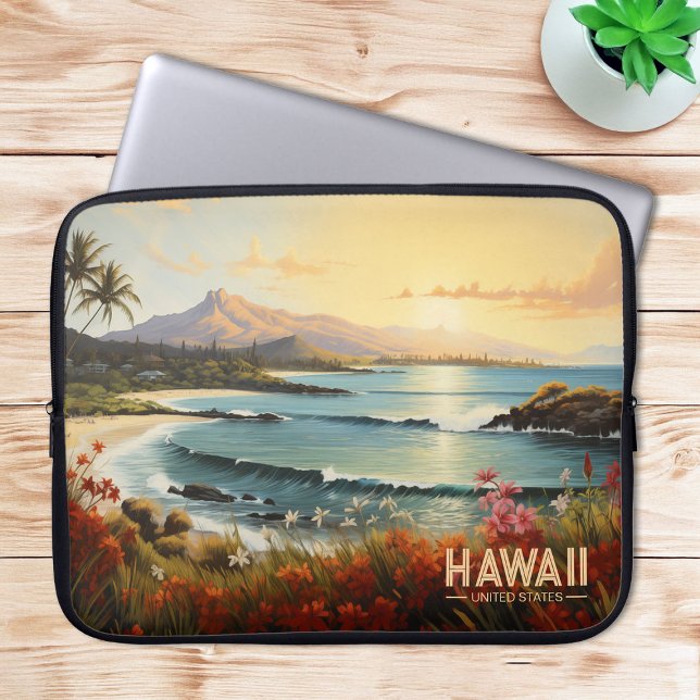 Funda Para Portátil Pintura de paraíso tropical de la playa de Hawaii (Vintage Hawaii Beach Tropical Paradise Painting Laptop Sleeve)