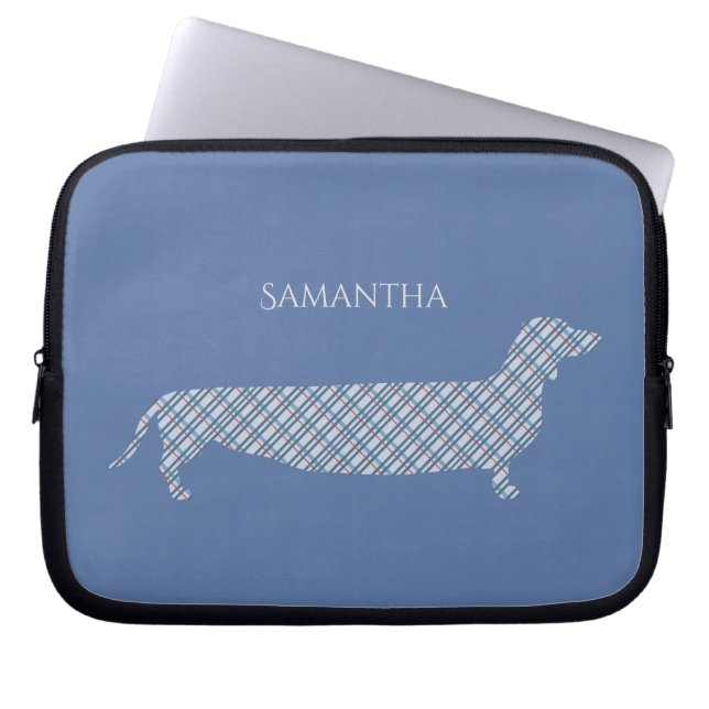 Funda Para Portátil Plaid Dachshund sobre el azul personalizado (Frente)