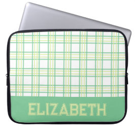 Funda Para Portátil Plaid Preppy Moderno de Letra Universitaria Verde 