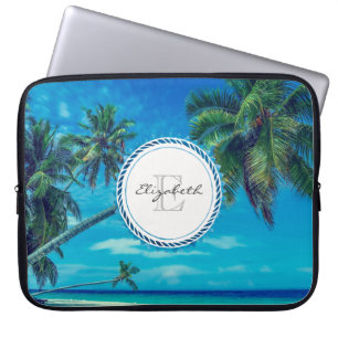 Funda Para Portátil Playa de arena con palmeras tropicales Monograma
