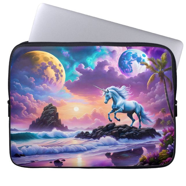 Funda Para Portátil Playa Tropical de Fantasía de Unicornio Blanco (Frente)