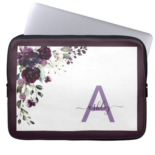 Funda Para Portátil Pluma Purple Floral Nombre Monograma Inicial (Frente)