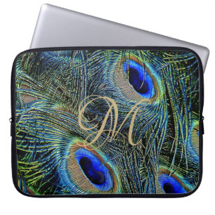 Funda Para Portátil Plumas de pavo real coloreadas con monograma dorad
