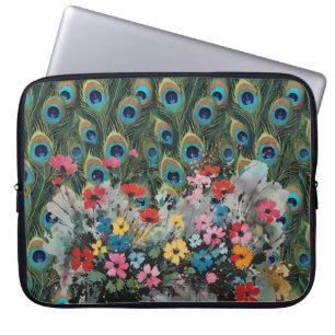Funda Para Portátil Plumas de pavo real y flores silvestres boho