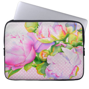 Funda Para Portátil Polkadots florales clásicos de peonía blanca rosa