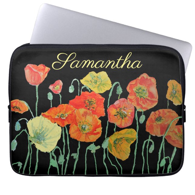 Funda Para Portátil Portátil rojo Naranja floral naranja y Poppies neg (Frente)