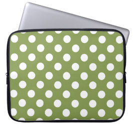 Funda Para Portátil Pos de polka blanco sobre el verde oliva
