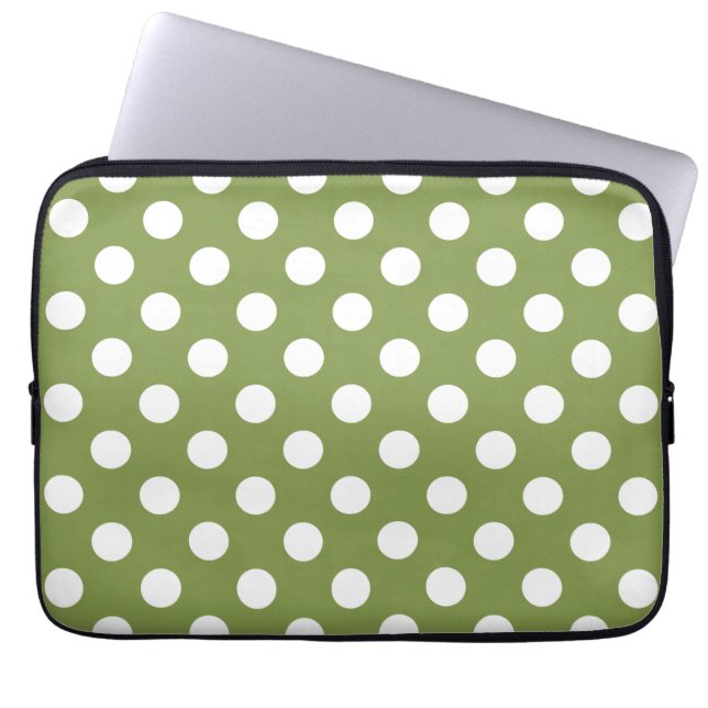 Funda Para Portátil Pos de polka blanco sobre el verde oliva (Frente)