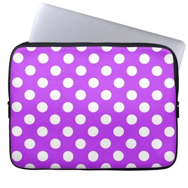 Funda Para Portátil Pos de polka blanco sobre púrpura brillante (Frente)