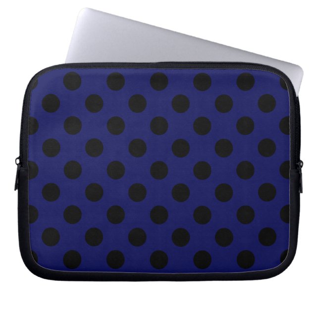 Funda Para Portátil Pos de polka negro sobre azul marino (Frente)