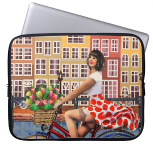 Funda Para Portátil Poster de Amsterdam: Ciclismo Chica Pin-Up.