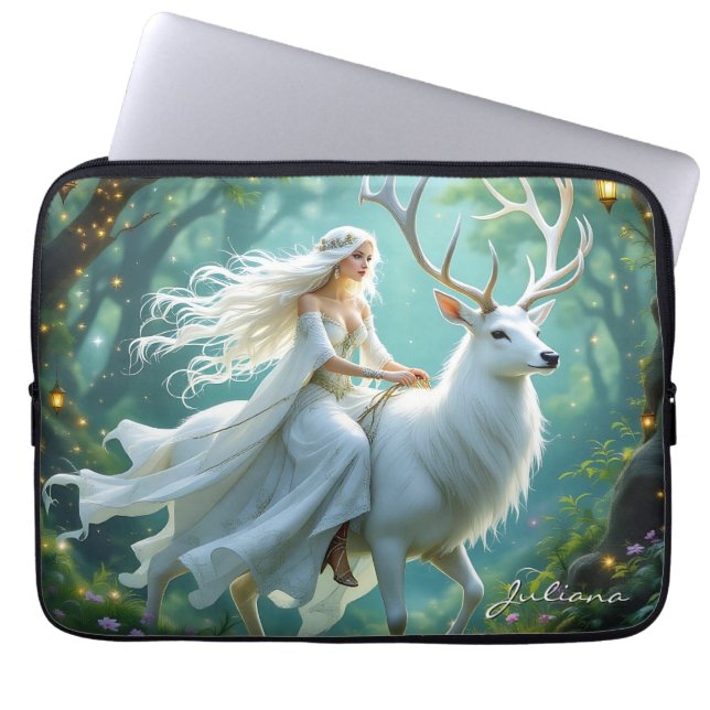 Funda Para Portátil Pretty Fairy and White Deer in Enchanted Forest (Frente)