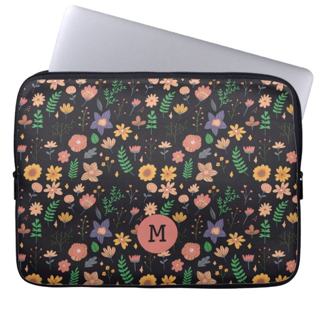 Funda Para Portátil Pretty Modern Dark Floral Pattern Monogram (Frente)