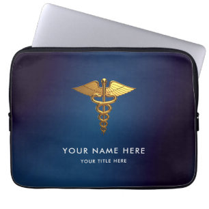 Funda Para Portátil Profesional Caduceo Médico Azul Marino Dorado