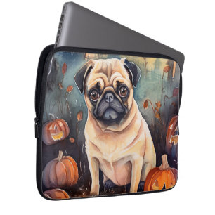 Funda Para Portátil Pug de Halloween con calabazas espeluznante
