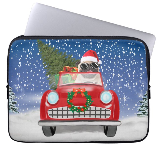 Funda Para Portátil Pug Dog Driving Car In Snow Christmas   (Frente)